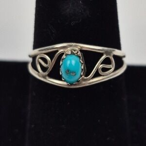 Vtg Turquoise Stone Ring Size‎ 9 Silver Tone Swirl Pattern Boho Southwestern